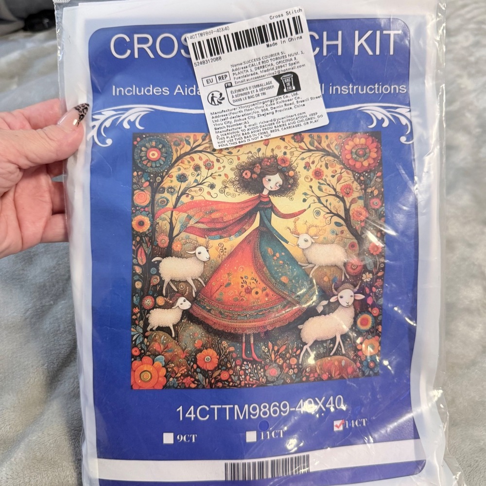 Cross Stitch Kit 14 Count Aida 40x40cm Folk Art Woman Sheep Floral Cottagecore